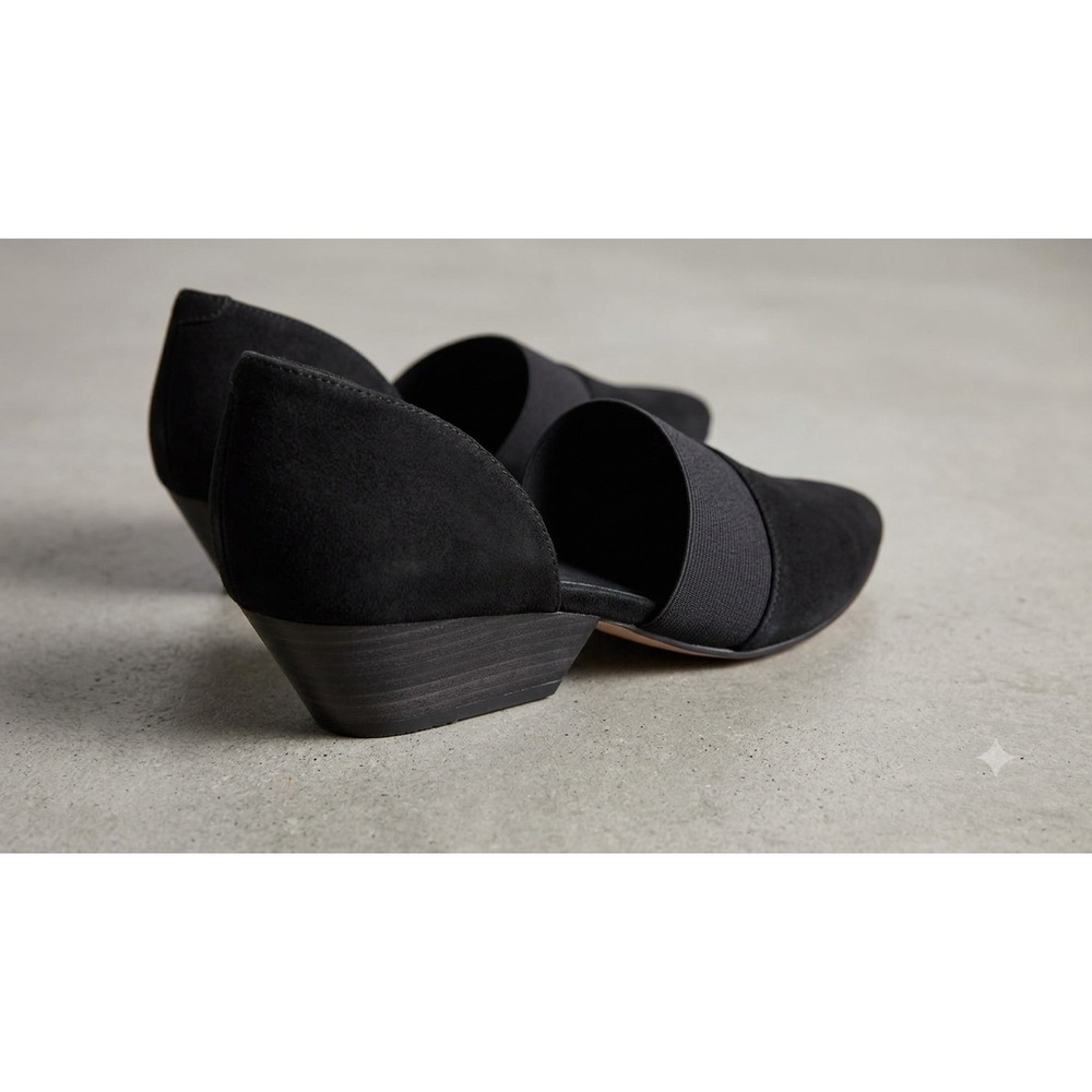 Eileen Fisher Black Suede Pointed Toe D'Orsay Elastic Strap Block Heel Pumps 7.5 - Picture 2 of 16